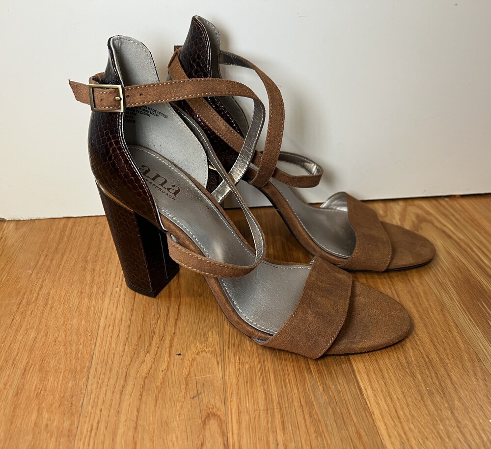 ANA A New Approach Shoes Womens Size 8 Brown Block Heel Sandals Strappy Dress